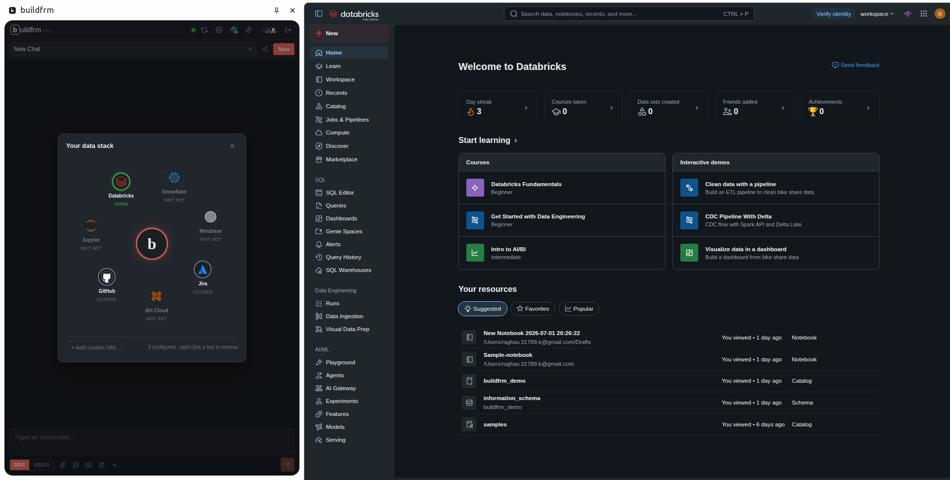 buildfrm side panel inside a Databricks workspace showing the 'Your data stack' panel — Databricks connected, plus Snowflake, Jupyter, Metabase, GitHub, Jira, and dbt Cloud available to connect.