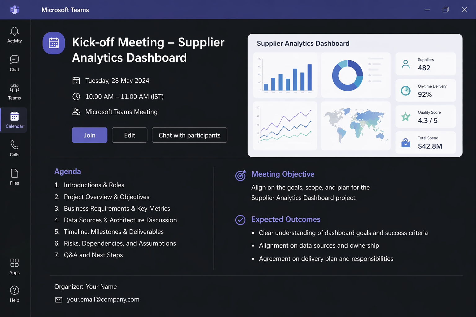 A Microsoft Teams kick-off meeting invite for the Supplier Analytics Dashboard project, with agenda, objectives, expected outcomes, and a dashboard preview.