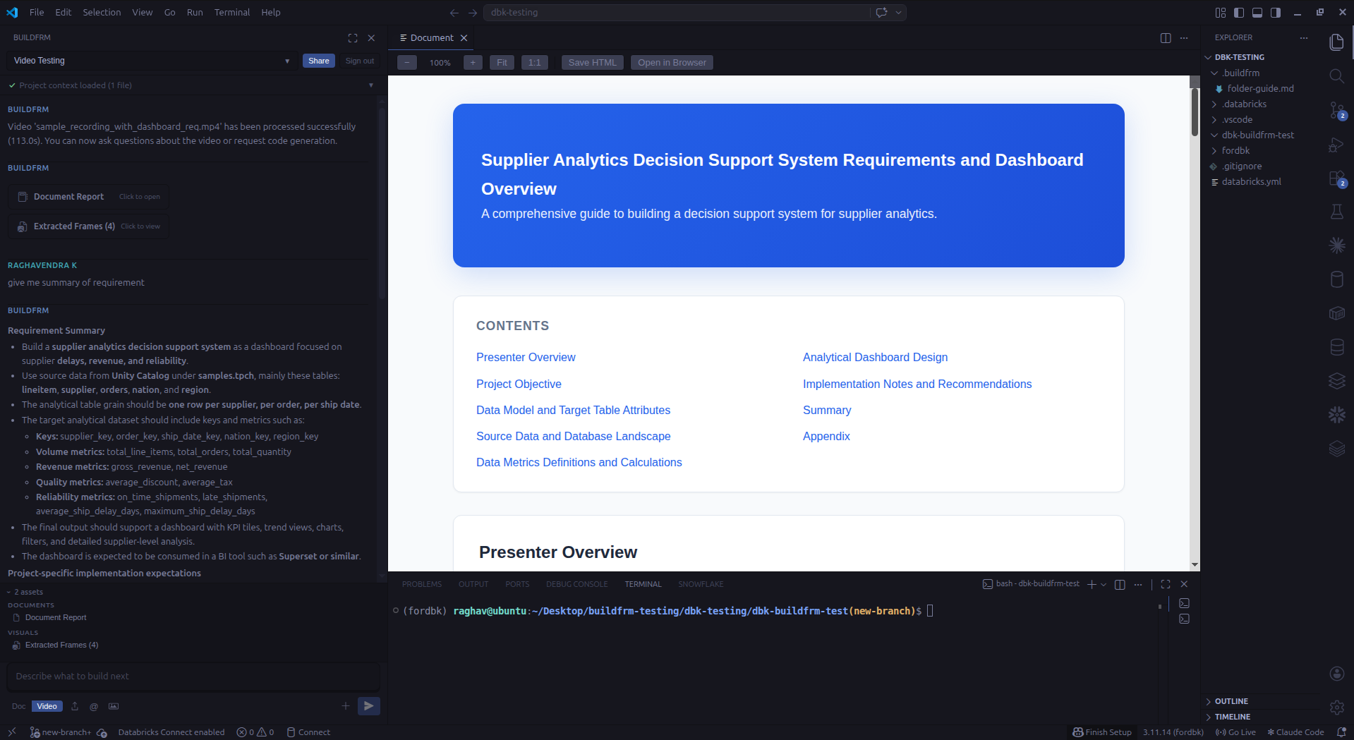 buildfrm panel inside VS Code: a 113-second kickoff recording has been processed and a requirements document is rendered on the right, with the extracted summary listing Unity Catalog tables from samples.tpch.